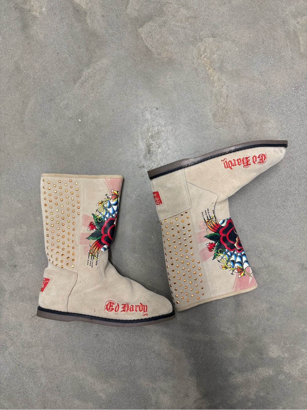 Ed Hardy Beige Suede Mid-Calf Boots with Red Tattoo Rose and Gold Studs